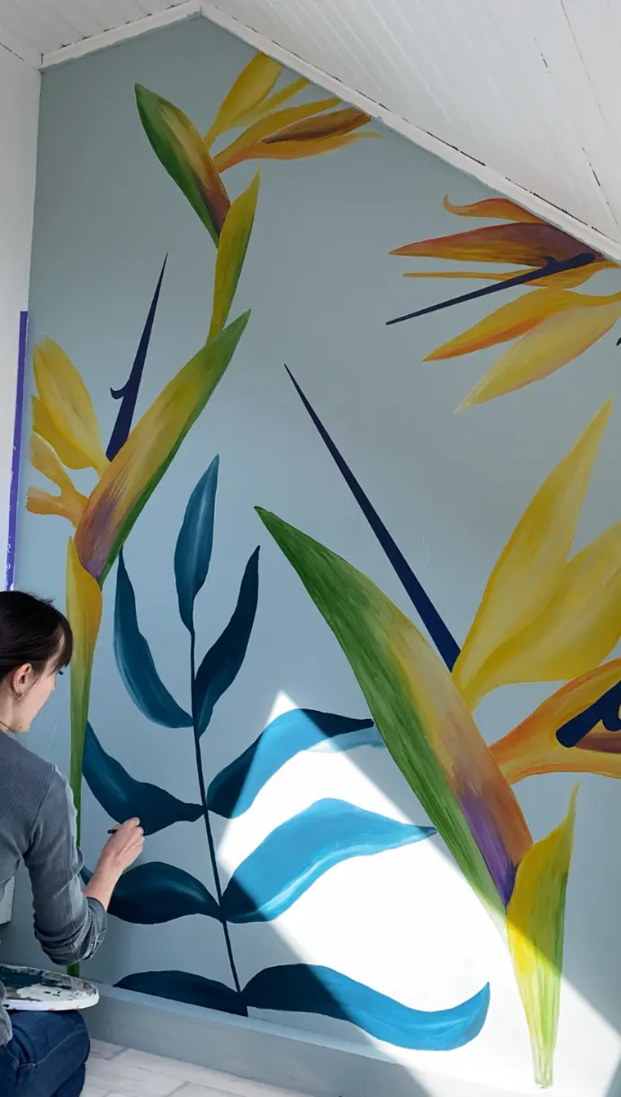 Décor mural peint, chambre d'enfant, thème végétal et floral